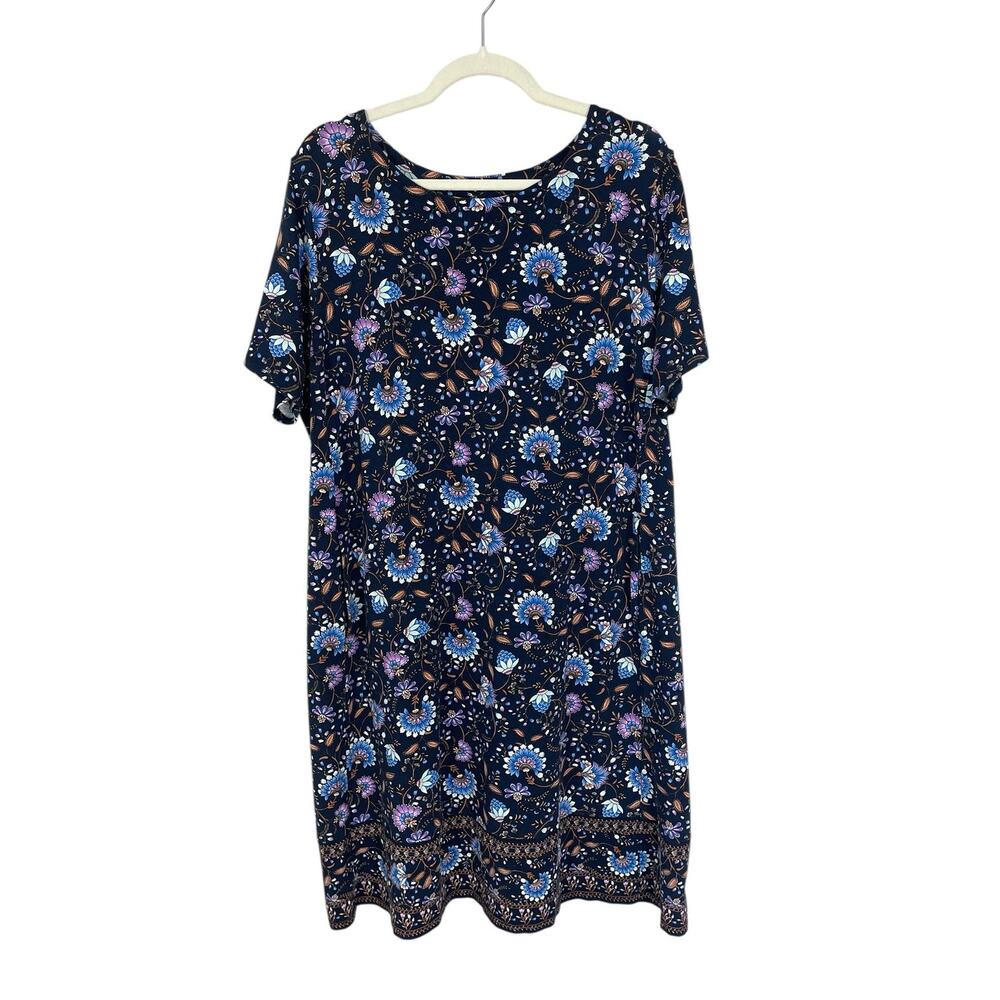 J.Jill Wearever Jersey Knit Floral T-Shirt Dress Blue SIze XLP Casual Travel